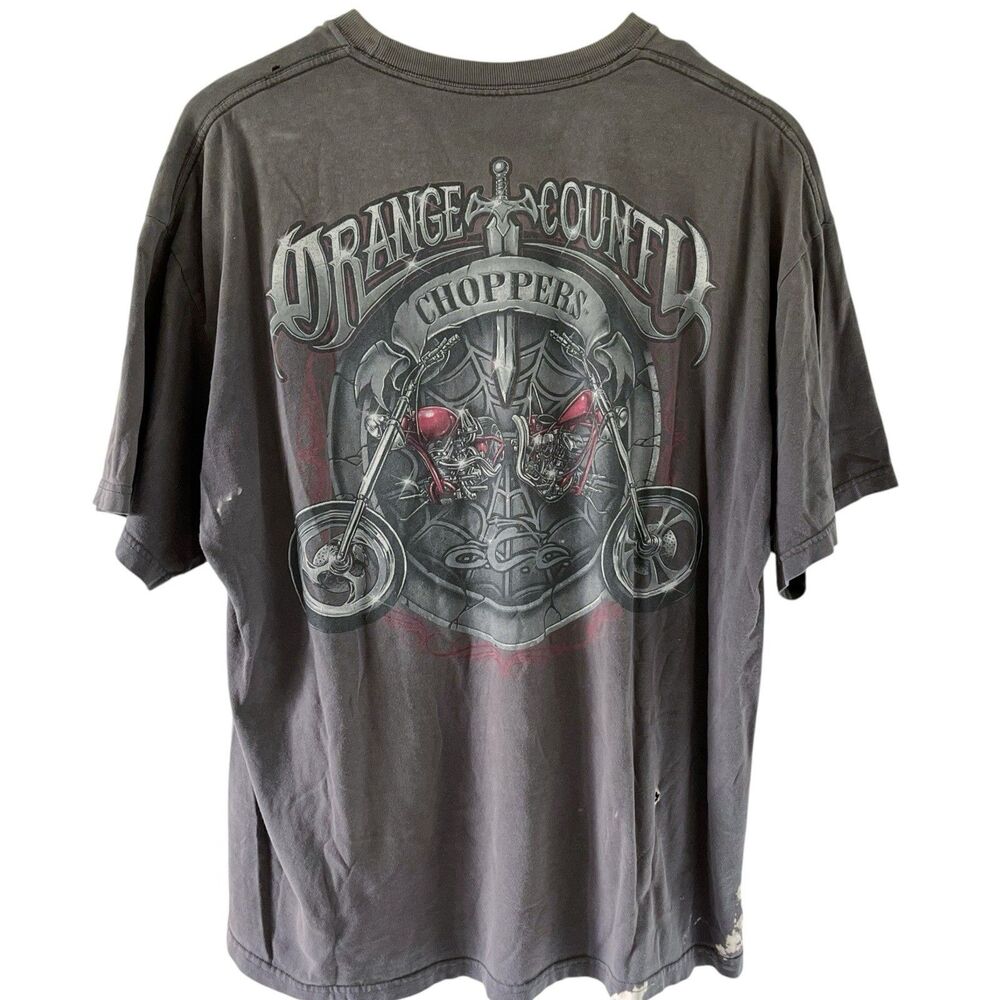Y2K Orange County Choppers OCC Biker Tee Shirt Graphic XL Gray Grey Distressed